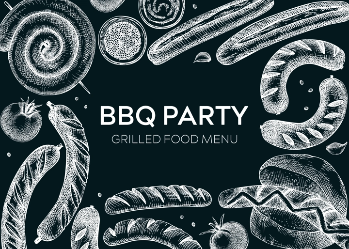 Grilled sausage frame on chalkboard. Hand-drawn fast food illustration. Barbeque party sketched banner. German food sketches. Oktoberfest background. For picnic, delivery, bar or restaurant design